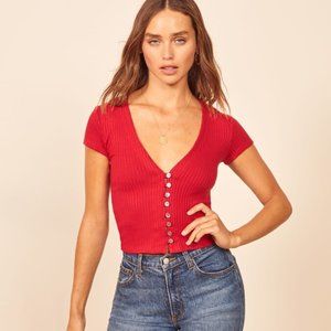Reformation Nella Button Front Ribbed V-Neck Top